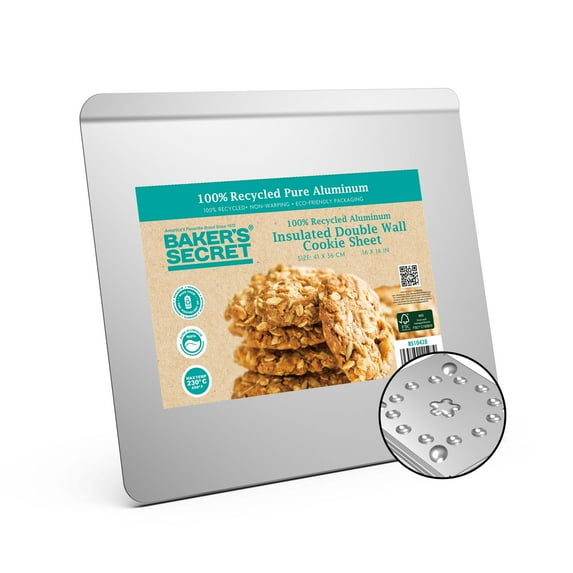 Baker's Secret Pure Aluminum Insulated 16" Cookie Sheet Commercial Grade, 100% Recycled Alu Cookie Sheet Extra Thick - The Natural Aluminum Collection