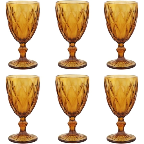 Pure Amber Wine Glasses 6Pcs a Set Solid Colors Glass Goblets Colorful Dishwasher Safe Colored Glassware With An Embossed Vintage Never Fade Colored Goblets Pattern Like Crystal (Glass, Amber)
