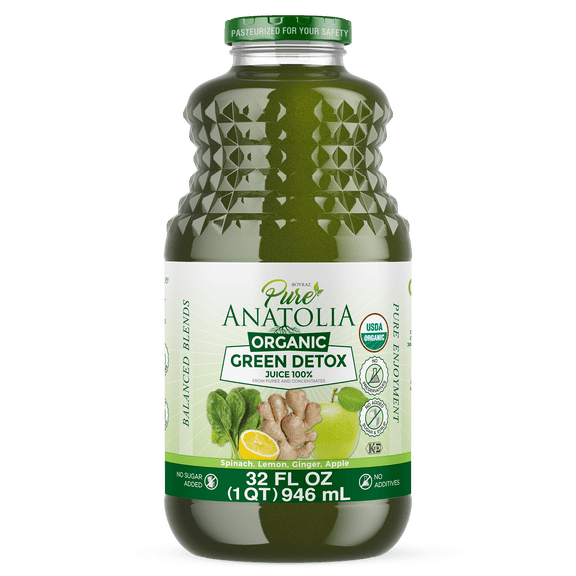 Pure Anatolia Organic Green Detox Juice Spinach, Apple, Ginger, Lemon , 32 Fl Oz Glass Bottle