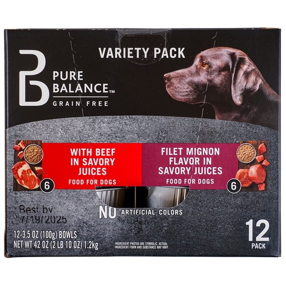 Pure Balance Grain Free With Beef and Filet Mignon Flavor in Savory Juices Wet Dog Food Variety Pack, 3.5 oz, 12 Count