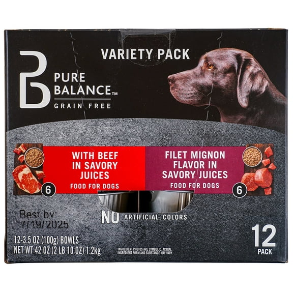 Pure Balance Grain Free With Beef and Filet Mignon Flavor in Savory Juices Wet Dog Food Variety Pack, 3.5 oz, 12 Count