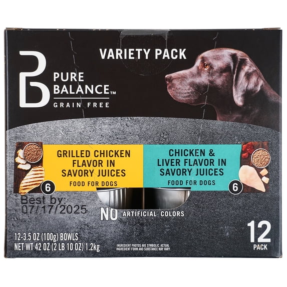 Pure Balance Grain Free Grilled Chicken and Chicken and Liver Flavor in Savory Juices Wet Dog Food Variety Pack, 3.5 oz, 12 Count