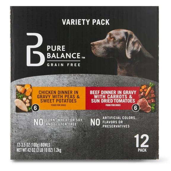 Pure Balance Grain Free Chicken Dinner in Gravy & Beef Dinner in Gravy Wet Dog Food Variety Pack, 3.5 oz, 12 Count