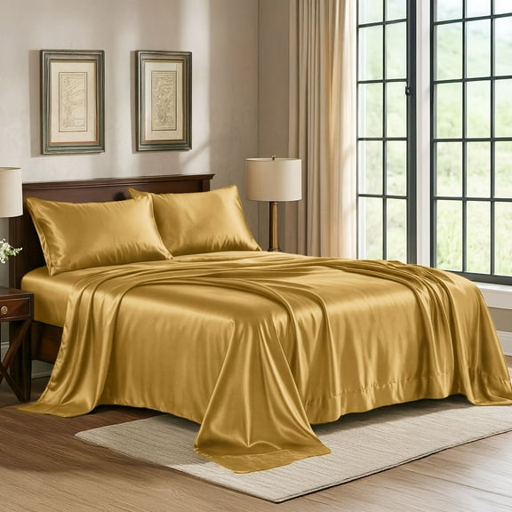 Satin Sheets Queen [4-Piece, Gold] Hotel Luxury Silky Bed Sheets - Extra Soft 1800 Microfiber Sheet Set, Wrinkle, Fade, Stain Resistant - Deep Pocket Fitted Sheet, Flat Sheet, Pillow Cases