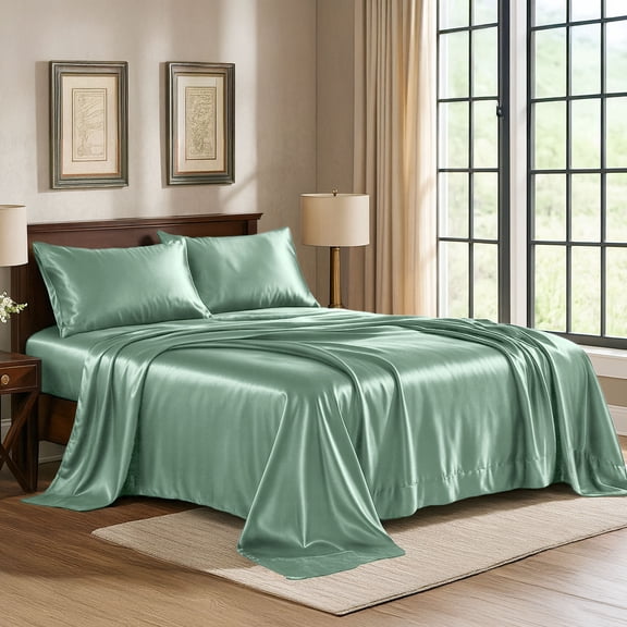 Satin Sheets Twin [3-Piece, Champagne Green] Hotel Luxury Silky Bed Sheets - Extra Soft 1800 Microfiber Sheet Set, Wrinkle, Fade, Stain Resistant - Deep Pocket Fitted Sheet, Flat Sheet, Pillow Cases