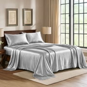Pure Bedding Satin Sheets King Size   4 Piece Silky Soft Microfiber Bed Sheet Set, Deep Pocket Fits up to 15  Mattress - 1 Fitted Sheet, 1 Flat Sheet, and 2 Pillowcases, Oeko-Tex Certified, Grey