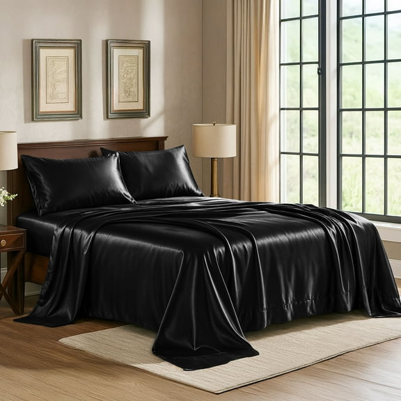 Satin Sheets Queen [4-Piece, Black] Hotel Luxury Silky Bed Sheets - Extra Soft 1800 Microfiber Sheet Set, Wrinkle, Fade, Stain Resistant - Deep Pocket Fitted Sheet, Flat Sheet, Pillow Cases
