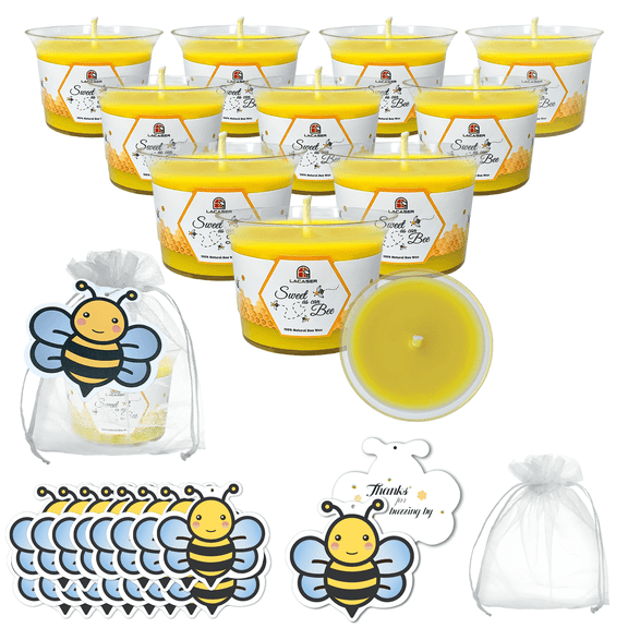 Pure Beeswax Candles in Acrylic Jars 12 Pack, Include Bee Themed Tag & Bags, for Bee Themed Baby Shower Gifts or Bee Gifts for Bee Lovers, Unscented, 10~12 Hour Burn Time