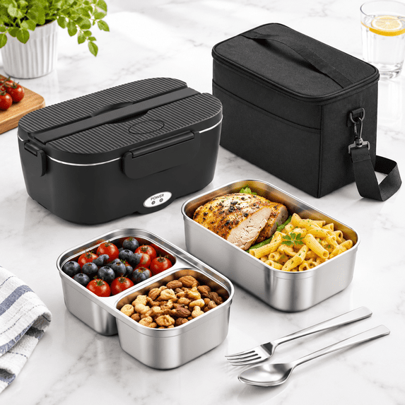 Pure Black 1.5L x 2 Electric Heated Lunch Box Food Warmer for Work ...