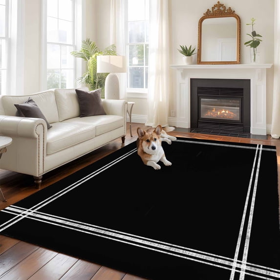 Pure Black Area Rug 5x7 FT, Non Slip Bedroom Throw Carpet, Simple Solid Color Washable Soft Floor Carpet Non-Shedding Rug for Dining Room Bedside Classroom Desk