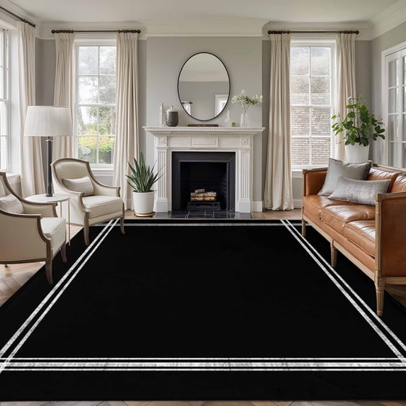 Pure Black Large Area Rug 8x10 FT, Non Slip Living Room Throw Carpet, Simple Solid Color Washable Soft Indoor Outdoor Carpet Non-Shedding Rug for Bedroom Dining Room