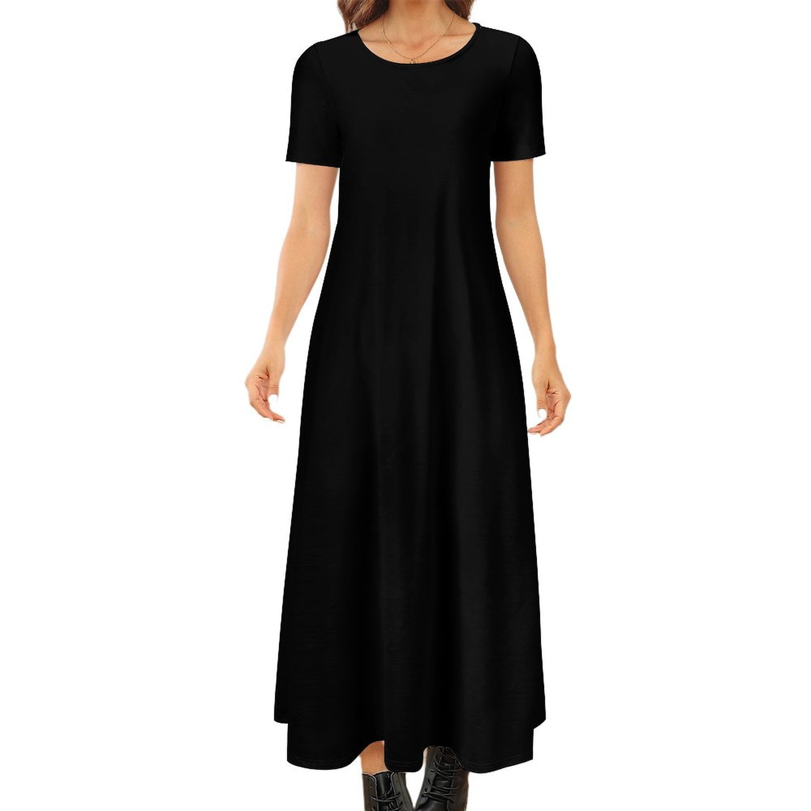 Pure Black Noble Maxi Dress for Women Crew Neck Beach Dress Short ...