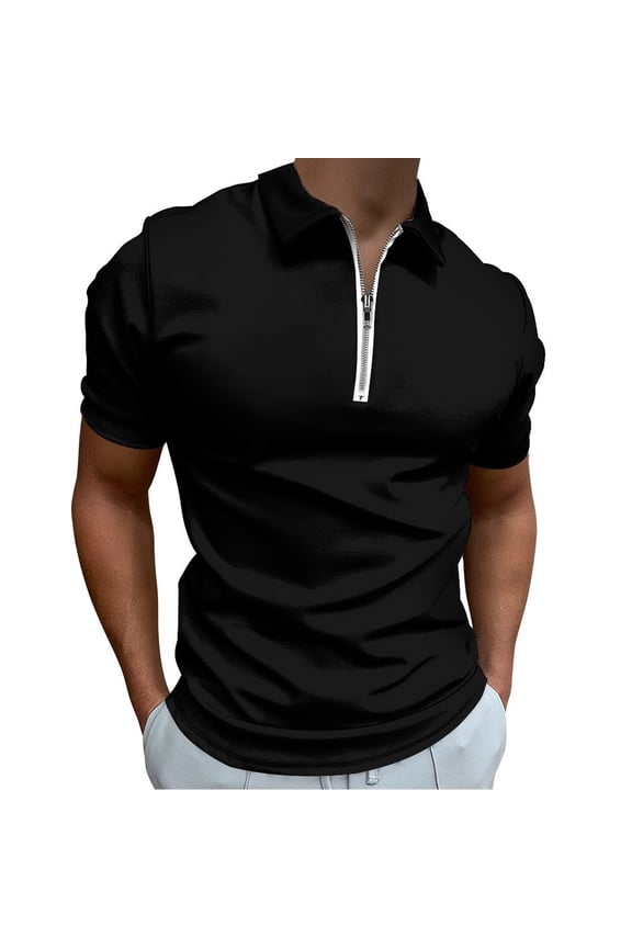 Pure Black Noble Men Zipper T-shirt Summer Casual Short Sleeve T-shirt Top