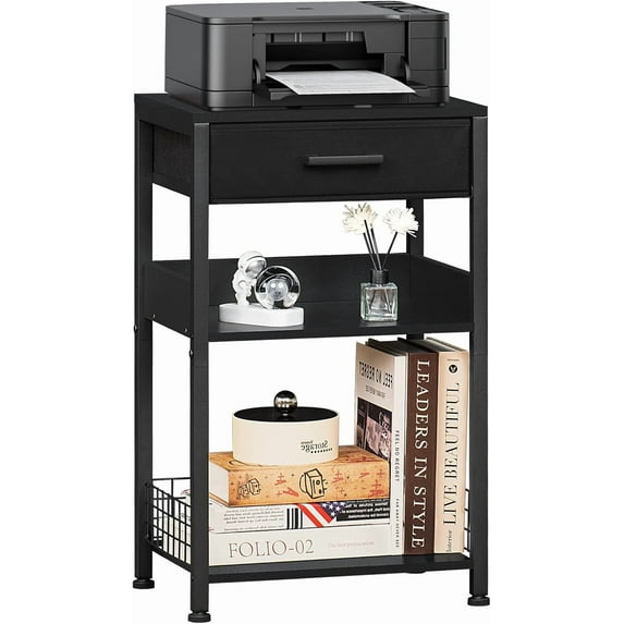Pure Black Printer Table with Fabric Drawer,3 Tier Industrial Wood Printer Stand with Storage Shelf,Modern Tall End Table,Nightstand,Bed Side Tables for Scanner Fax Home Office Small Spaces