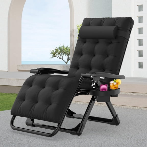 Pure Black Zero Gravity Reclining Lounge Chair With Removable Cushion, Adjustable Headrest And Side Tray For Outdoor Patio