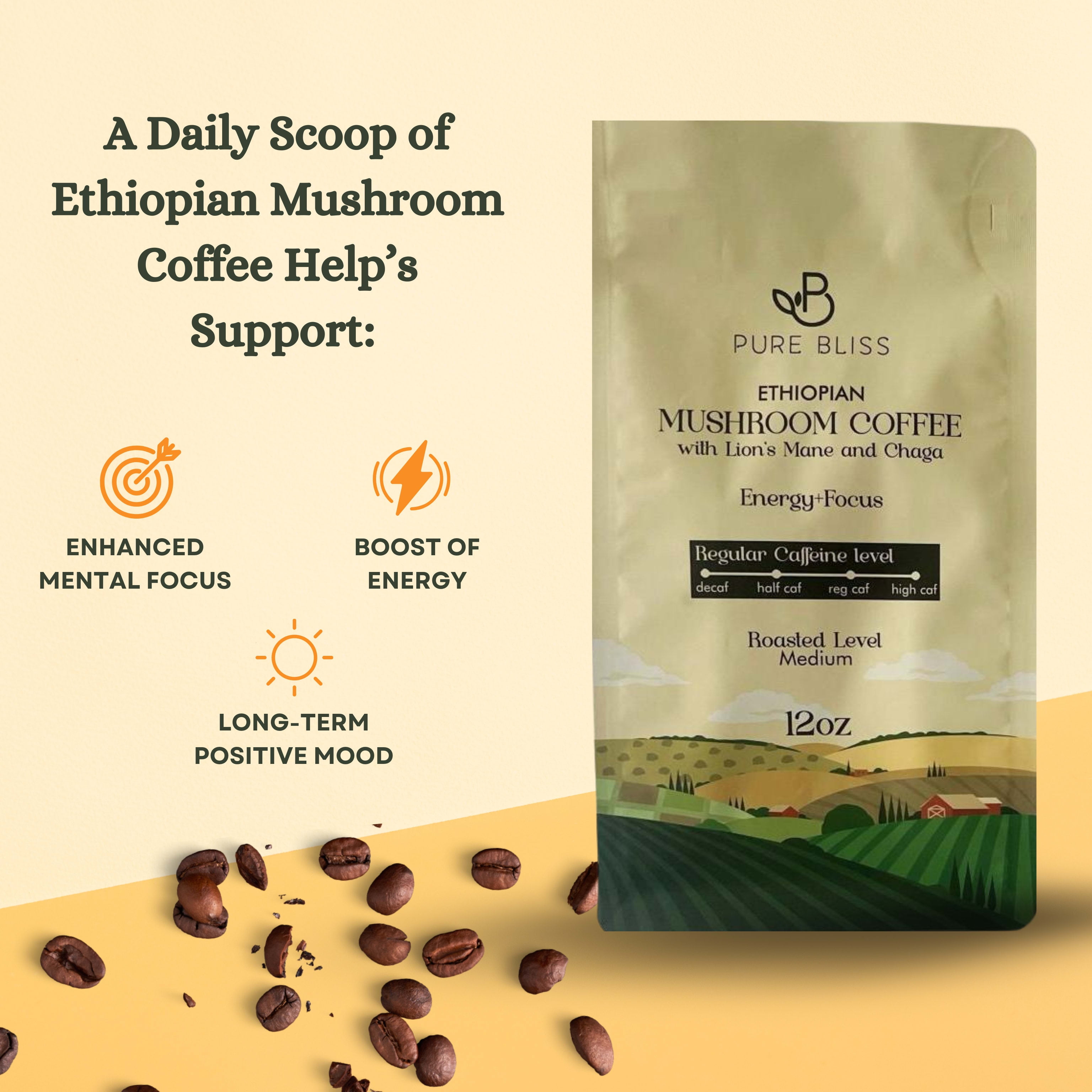 Pure Bliss Mushroom Coffee  w/ Chaga Mushroom & Lion's Mane Mushroom Instant Espresso 12oz