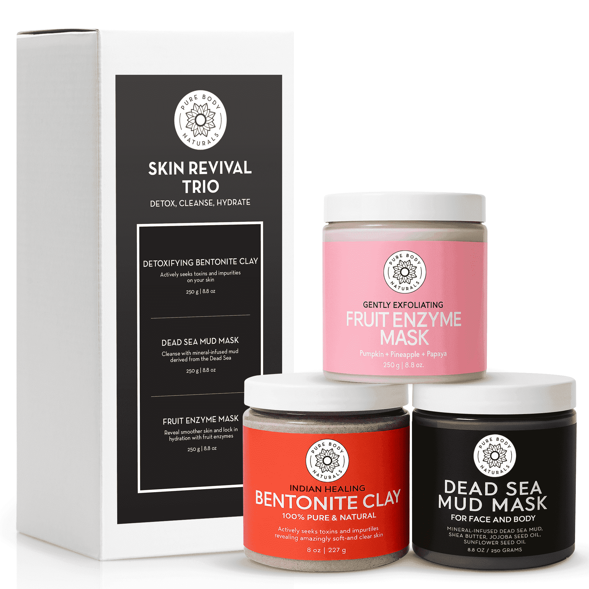 Pure Body Naturals Face Mask Gift Set – Bentonite Clay, Dead Sea Mud and Fruit Extract Mask