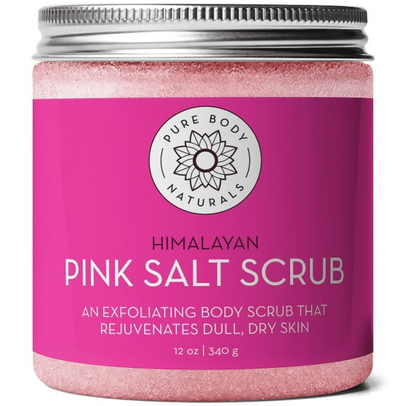 Pure Body Naturals Himalayan Pink Salt & Sweet Almond Exfoliating Scrub 12 oz - for Skin, Face, Body