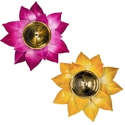 Pure Brass Diyas For Puja, Lamps For Home & Diwali Decoration, Pink & Yellow - 5 Inches | Akhand Jyoti Stand With Gift Item | Kamal Design, Beautiful Diya, Pooja Oil & Camphor Diya - 2 Piece