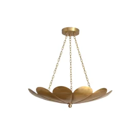 Pure Brass Lotus Flower Brass Chandelier Pendant 3 Light, Modern Ceiling Hanging Lamp, Luxury Floral Semi Flush Mount Fixture for Living Room Dining Room Bedroom