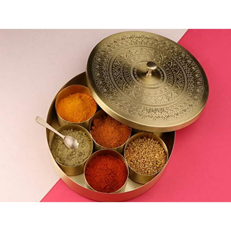 Pure Brass Masala Box Set with Brass Spoon Container 100 ML-Food Spice  Storage Rack Indian Spice Boxes Storage Box Masala Dani Brass Masala Dabba  -kitchen Storage Spice Rack (Mandala- 8 Inch) 