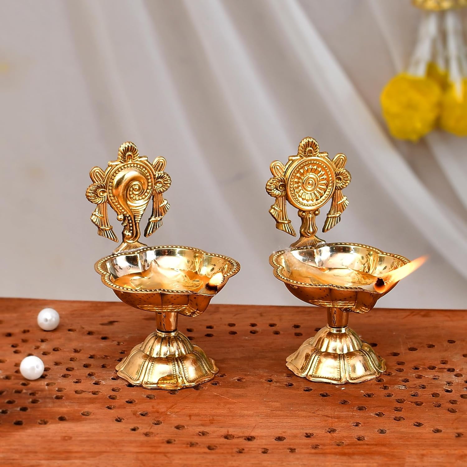 Pure Brass Shanku Chakra Kuber Diya | Brass Shanku Chakra Vilakku for Puja Room & Office Decor | Diwali Decoration Item for Home Decor | Festival Gift Item | Set of 2