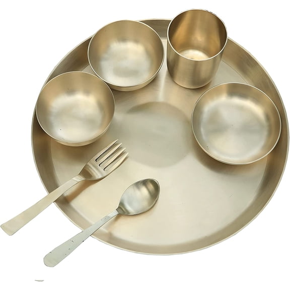 Pure Bronze Ayurveda Dinner Set 7pcs Broze Gold Tumbler Bowl Spoon And Platter