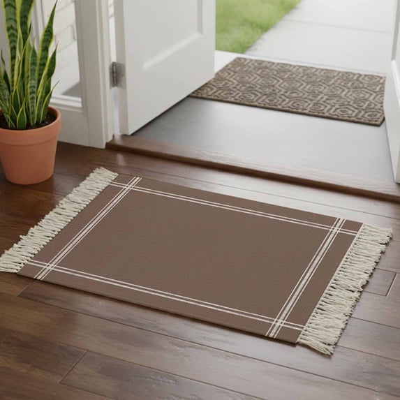 Pure Brown Bathroom Rug 2'x3', Simple Solid Color Low Profile Front Entryway Rug with Tassels, Woven Cotton Washable Kitchen Mat Carpet for Foyer Bedroom Back Door Decor