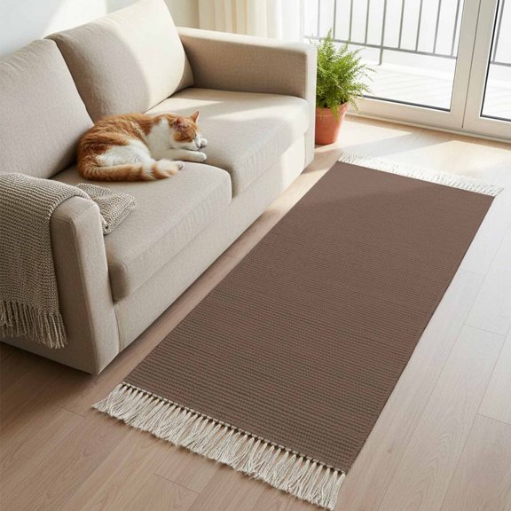 Pure Brown Kitchen Runner Rug 2'x4', Simple Solid Color Washable Rug with Tassels, Non Slip Woven Cotton Bathroom Rugs Hallway Carpet for Foyer Bedroom Entry Back Door Decor