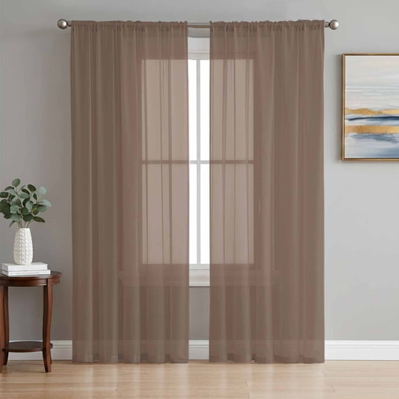 Pure Brown Semi Sheer Window Curtains 84 Inches Long, Simple Solid Color Rod Pocket Voile Silky Chiffon Curtain Light Filtering Drapes for Living Room, Kitchen, Bedroom, 52"x84", 2 Panels