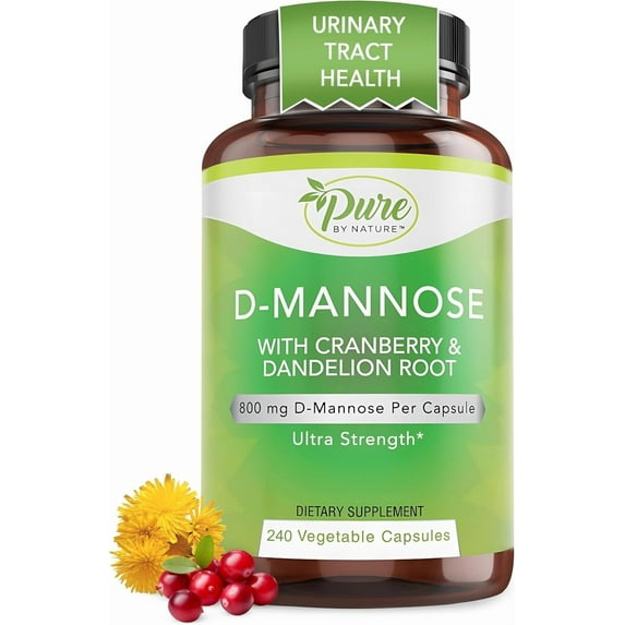 Pure By Nature 600mg D-Mannose Vegan Capsules with Cranberry & Dandelion Extract, Urinary Tract Health Support, Flush Impurity, Detox Body, 240 Count