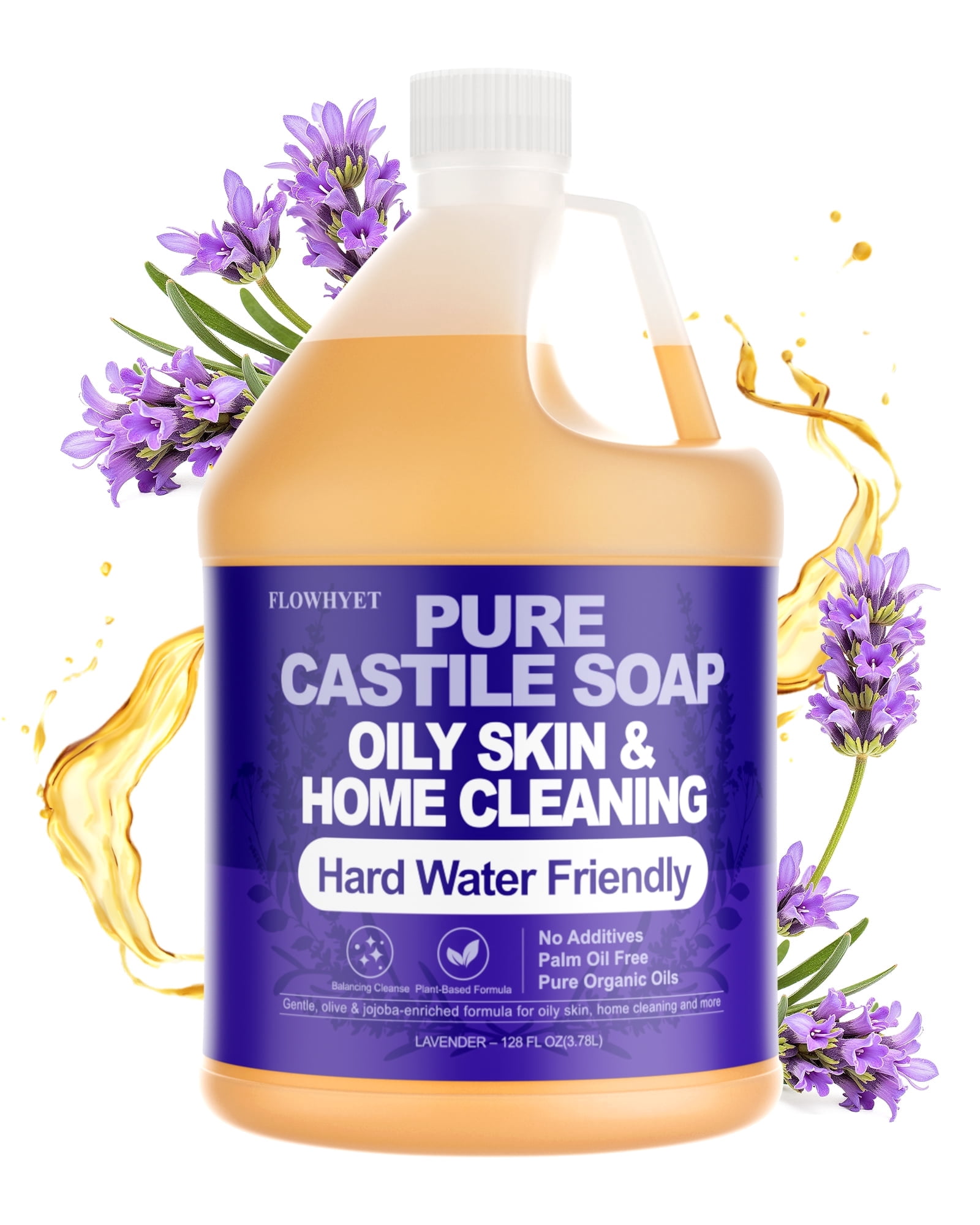 Pure Castile Soap Liquid Lavender 1 Gallon (128 fl oz) Refill – Natural Organic Body Wash, Hard Water Friendly Bath Soap Liquid for Oily Skin,Body,Face, Laundry & Home Cleaning