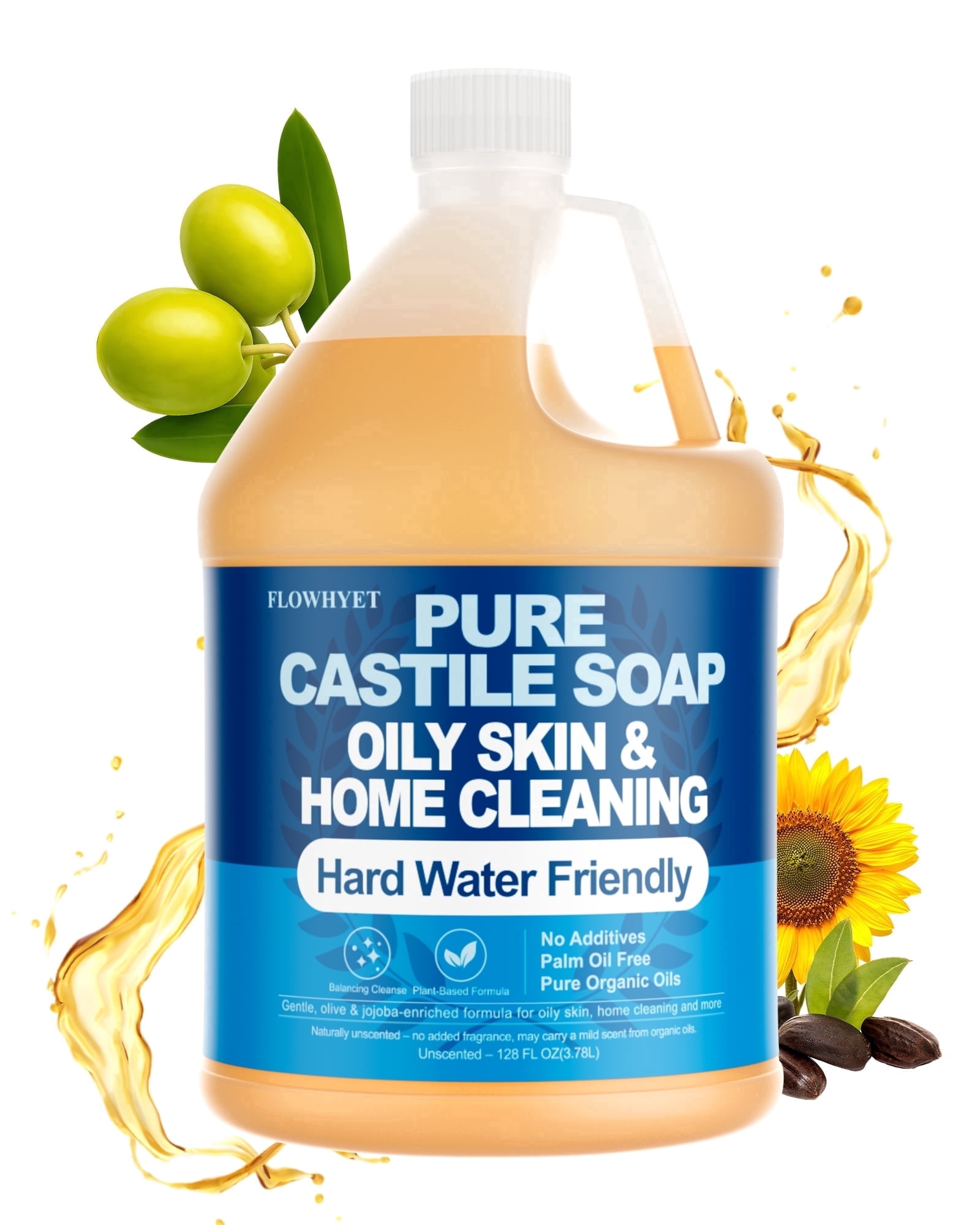Pure Castile Soap Unscented 1 Gallon 128 fl oz Refill - Organic Body Wash for Hard Water & Oily Skin, Multi-Purpose Home Cleaner