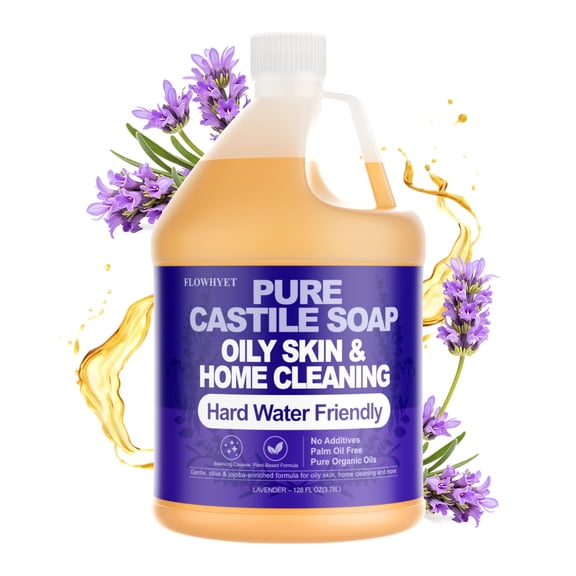 Pure Castile Soap Liquid Lavender 1 Gallon (128 fl oz) Refill Natural Organic Body Wash, Hard Water Friendly Bath Soap Liquid for Oily Skin,Body,Face, Laundry & Home Cleaning