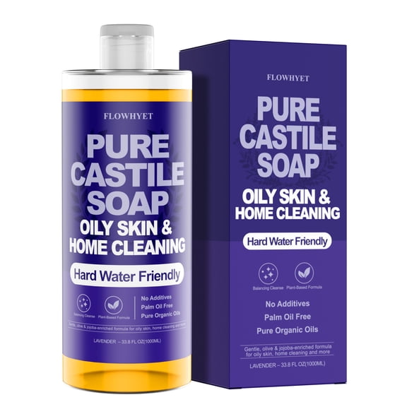 Pure Castile Soap Liquid Lavender 32 fl oz  Natural & Vegan Body Wash for Oily & Sensitive Skin, Hard Water Friendly Bath Soap Liquid for Body,Face, Laundry Soap & Home Cleaning