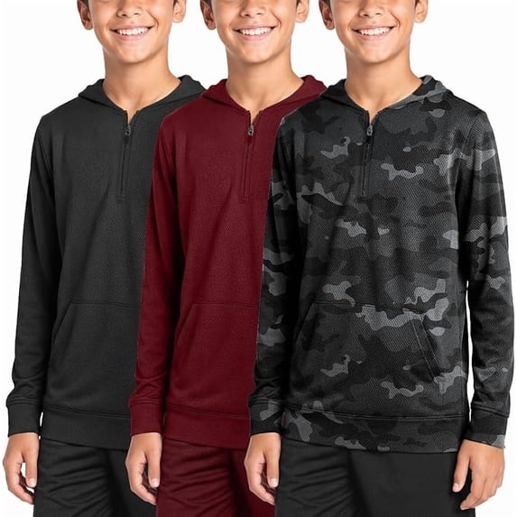PC Boys’ 3-Pack Mesh Hoodie with Quarter Zip, Lightweight Active Hooded Sweatshirts, Sizes XS-2XL