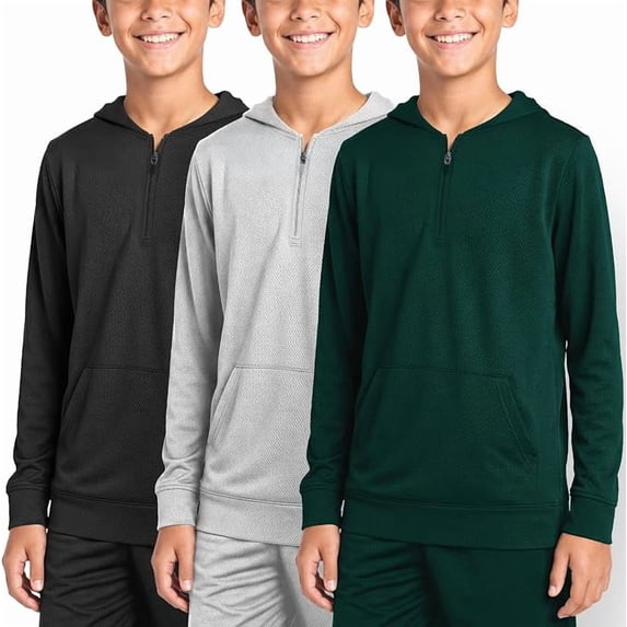 PC Boys’ 3-Pack Mesh Hoodie with Quarter Zip, Lightweight Active Hooded Sweatshirts, Sizes XS-2XL