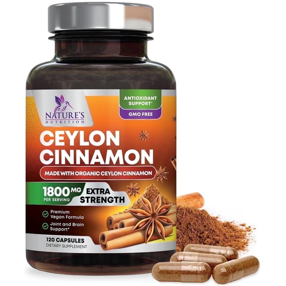 Organic Ceylon Cinnamon Supplement 1800mg - Extra Strength Certified Organic Ceylon Cinnamon Powder Pills - Energy & Heart Support Antioxidant for Women & Men, Bottled in USA, Non-GMO - 120 Capsules