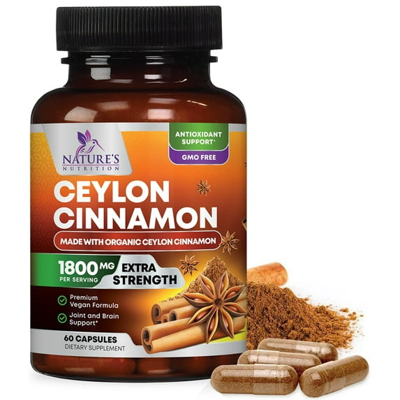 Organic Ceylon Cinnamon Supplement 1800mg - Extra Strength Certified Organic Ceylon Cinnamon Powder Pills - Energy & Heart Support Antioxidant for Women & Men, Bottled in USA, Non-GMO - 60 Capsules