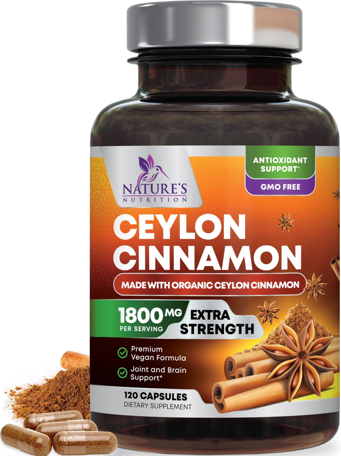 Pure Cinnamon Capsules, Certified Organic Ceylon Cinnamon Pills, Non