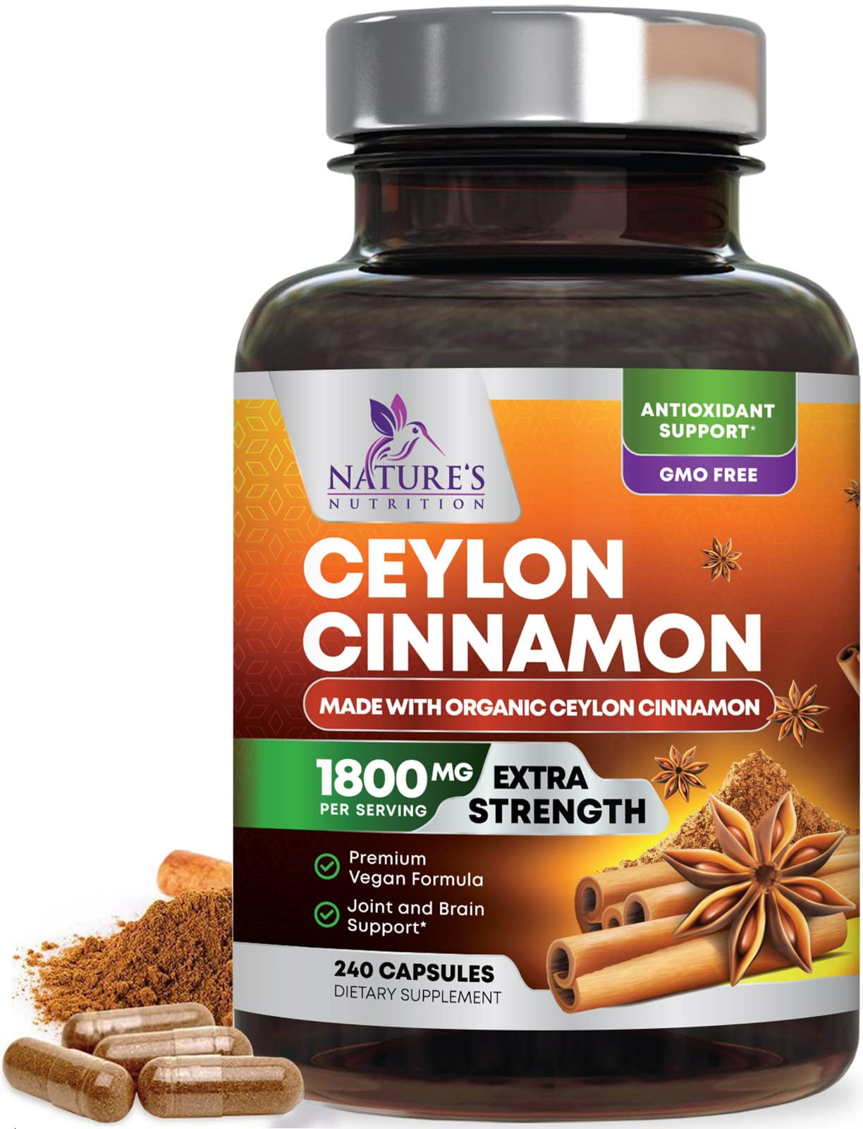 Pure Cinnamon Capsules, Certified Organic Ceylon Cinnamon Pills, Non