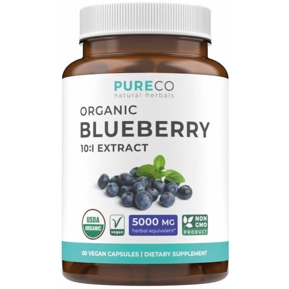 Pure Co Certified Organic Blueberry Extract Capsules - High Potency 10:1 Blueberry Supplement with 5000mg Herbal Equivalent for Wellness Brain & Immune Support - 60 Capsules