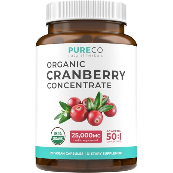 Pure Co 25,000mg Organic Cranberry Pills 50:1 Concentrate Kidney Support Supplement, 120 Capsules