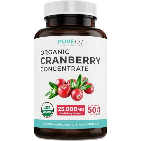 Pure Co 25,000mg Organic Cranberry Pills 50:1 Concentrate Kidney Support Supplement, 60 Capsules