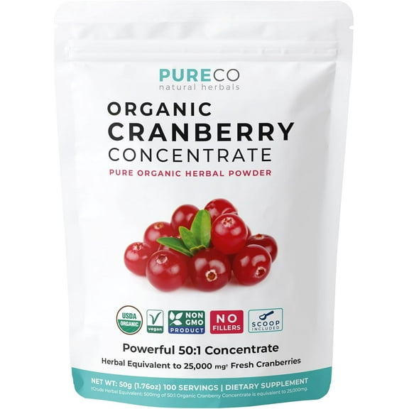Pure Co Organic Cranberry Supplement 500mg, 50:1 Concentrate Powder, 100 Servings