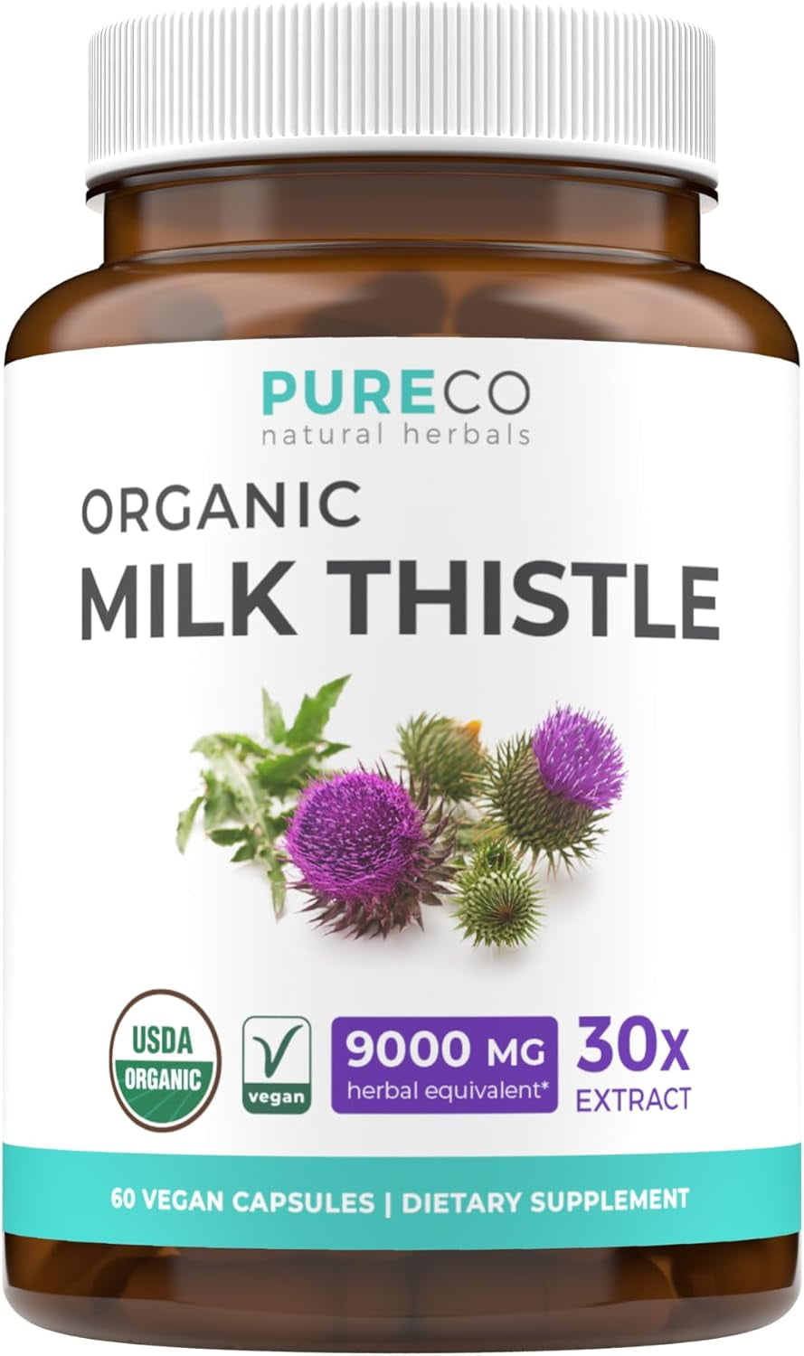 Pure Co Organic Milk Thistle Liver Support Supplement with 80% Silymarin, 60 Capsules