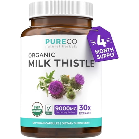 Pure Co Organic Milk Thistle Liver Support Supplement with 80% Silymarin, 120 Capsules