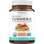 Pure Co Organic Turmeric Curcumin Capsules with Black Pepper & Ginger, 60 Count | Turmeric Herbal Supplement