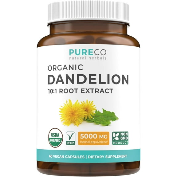 Pure Co USDA Organic Dandelion Root Extract - High Potency 10:1 Dandelion Root Supplement with 5000mg Herbal Equivalent Strength for Liver Cleanse Detox & Repair Support - 60 Capsules