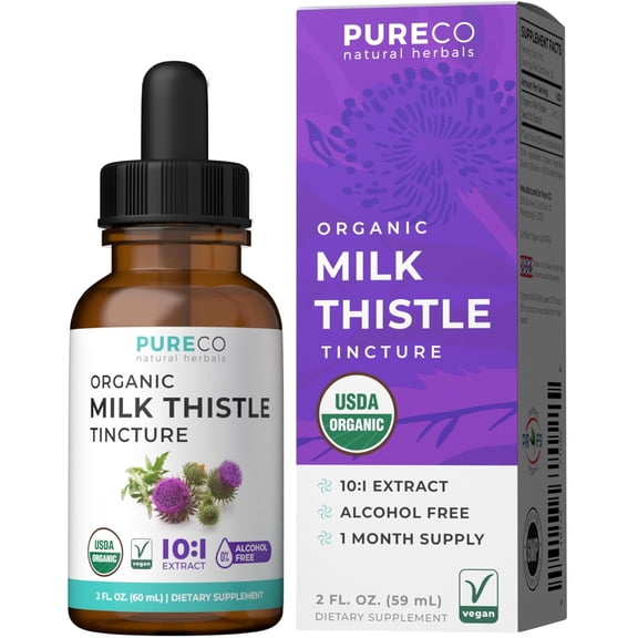 Pure Co USDA Organic Milk Thistle Tincture - High Potency 10:1 Silymarin Milk Thistle Extract Liver Cleanse Detox & Repair Supplement - Liver Support - 30 Servings